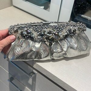 Natural Python Skin Bag Silver Women's Clutch with Gemstones & FreshWater Pearls